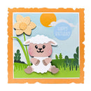 Children's birthday card with a cute sheep design, flowers, and 'Happy Birthday' text.