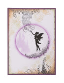 Decorative card with fairy silhouette and floral design on a white background