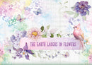 Pastel-colored floral design with a bird and text 'The Earth Laughs in Flowers'.