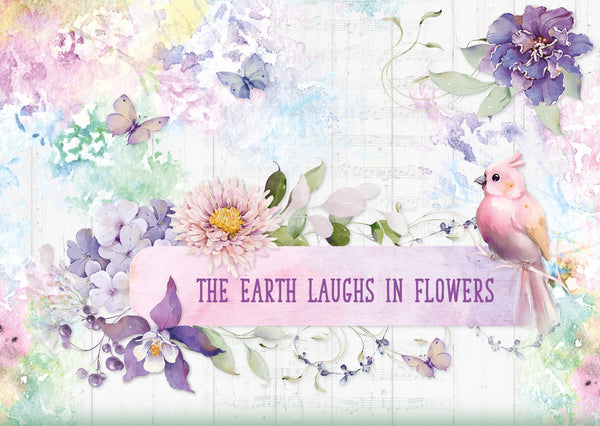 Pastel-colored floral design with a bird and text 'The Earth Laughs in Flowers'.