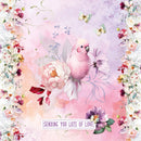 Pink parrot surrounded by flowers and butterflies with 'Sending you lots of love' text on a floral background.