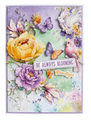 Greeting card with flowers, birds, and butterflies with 'Be Always Blooming Beautiful' text.