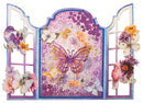 Decorative panel with butterflies, flowers, and birds on a purple background