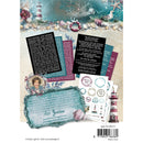 Collection of decorative paper sheets with nautical theme, including text and images of a lighthouse and seashells.