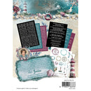 Collection of decorative paper sheets with nautical theme, including text and images of a lighthouse and seashells.