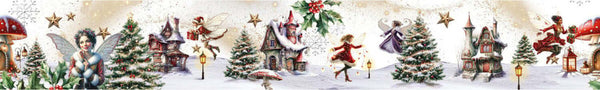 Decorative Christmas border with fairies, trees, and houses on a beige background