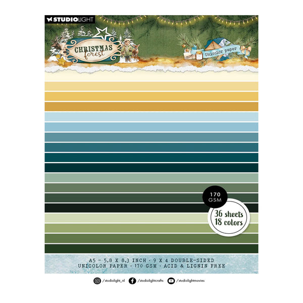 Studio Light 'Christmas Forest' double-sided UHCilgon paper sheet set, featuring 18 colors in a striped pattern with a festive forest and snow design at the top.