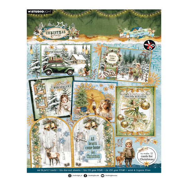 Studio Light Christmas scrapbooking paper sheet featuring vintage holiday illustrations, including a green car in a snowy village, a fairy, a deer, and festive text frames on a light blue background.