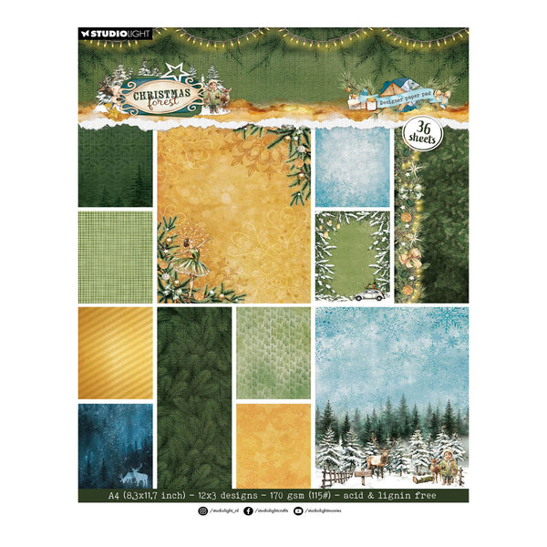 Studio Light Christmas themed scrapbook paper sheet featuring 12 different designs in green, gold, blue, and winter forest colors, with 'Christmas Forest' and '36 sheets' text.