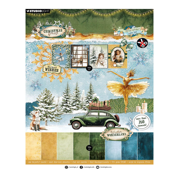 A Studio Light scrapbooking paper sheet featuring a Christmas Wonderland theme. The sheet contains various decorative elements including a green vintage car, a ballerina, a fox, snowflakes, and a swatch palette at the bottom with gold, green, and blue colors.