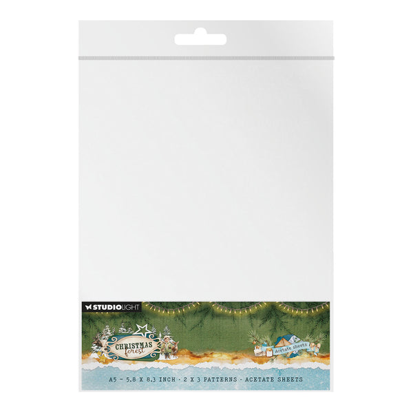 Studio Light Christmas Cards A5 patterned acetate sheets in a clear plastic hanging sleeve, showing a green and gold holiday border with text indicating 5.5 x 8.