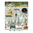 Studio Light Christmas Forest scrapbooking paper sheet featuring a winter village scene with a green vintage car, deer, fairy, and snowy trees, with text overlays and a black circular badge reading 'More than 340 paper elements'.