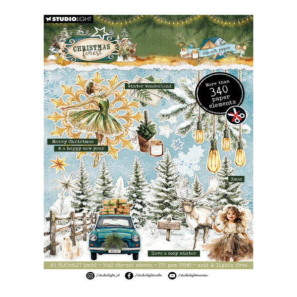 Studio Light Christmas Forest scrapbooking paper sheet featuring a winter village scene with a green vintage car, deer, fairy, and snowy trees, with text overlays and a black circular badge reading 'More than 340 paper elements'.