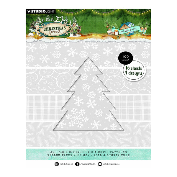 Y Studio Light Volume Paper Christmas Trees craft paper pack, featuring 100 GSM vellum paper sheets with 4 white patterns (snowflakes, lace, plaid) and a large tree-shaped die cut template shown on the front cover.