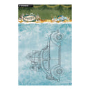 Studio Light Christmas Cards card featuring a vintage car carrying Christmas gifts on a light blue snowflake background, with a rustic green banner at the top.