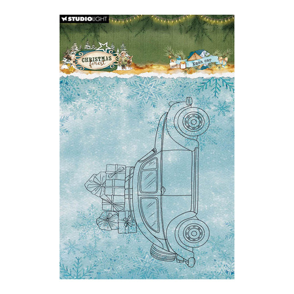 Studio Light Christmas Cards card featuring a vintage car carrying Christmas gifts on a light blue snowflake background, with a rustic green banner at the top.