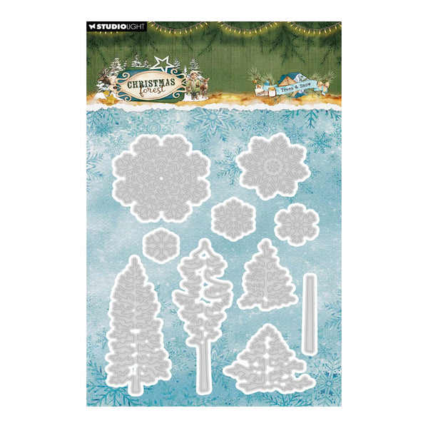 Studio Light Christmas Cards die-cut sheet featuring various tree and snowflake shapes on a light blue watercolor background with a festive header.