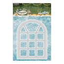Studio Light Christmas Cards die-cut paper sheet featuring an arched window frame design with a light blue and white winter theme, complete with snowflakes and festive decorations.