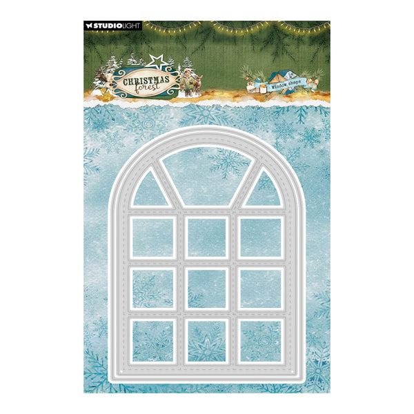 Studio Light Christmas Cards die-cut paper sheet featuring an arched window frame design with a light blue and white winter theme, complete with snowflakes and festive decorations.