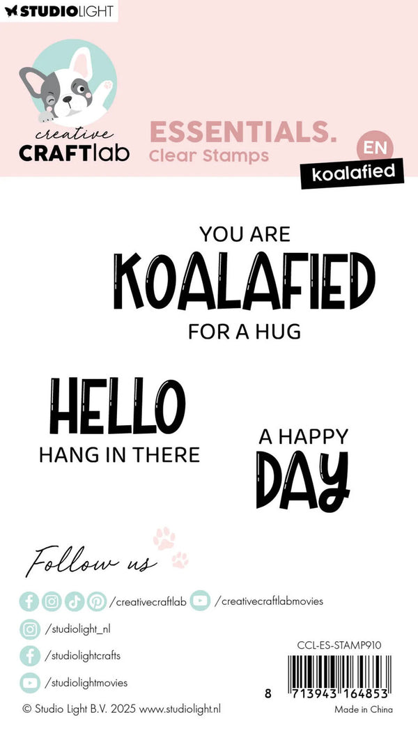 Clear stamps with text and a koala design on a white background