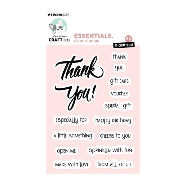 Set of clear stamps with various phrases on a pink background, featuring the Studio Light brand.