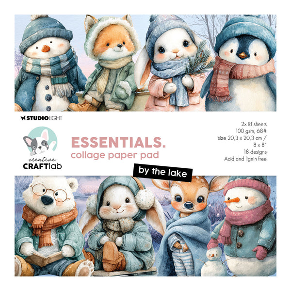 Collage paper pad with winter-themed illustrations of animals and snowmen, featuring Studio Light and Craftlab branding.