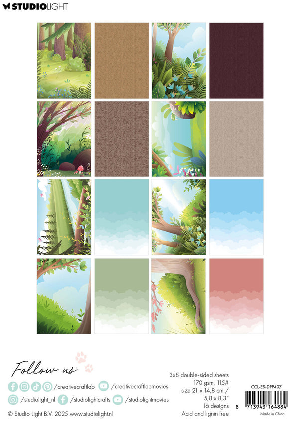 Set of 16 double-sided sheets with nature-themed designs, including trees and landscapes, on a white background.