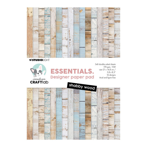 Studio Light Essentials Designer Paper Pad with shabby wood design on a white background