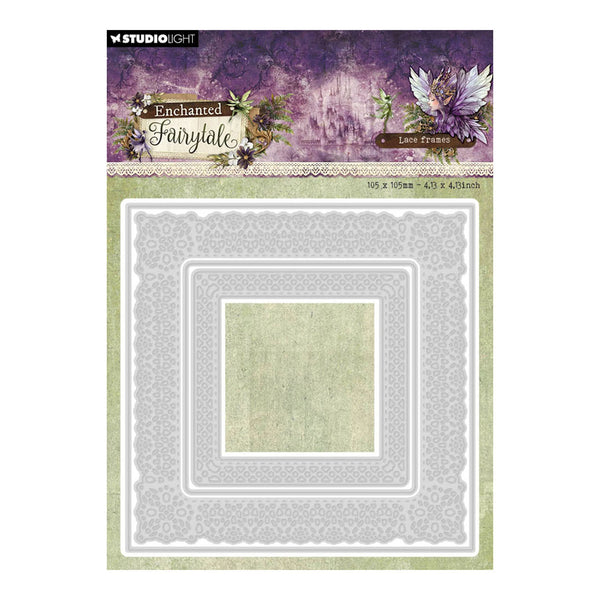 Decorative lace frame with 'Enchanted Fairytail' branding on a purple and green background