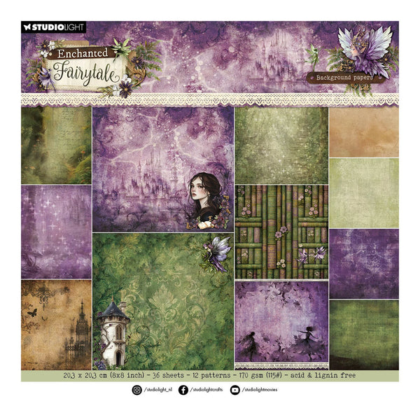 Collection of 'Enchanted Fairytail' background papers with various designs on a white background.