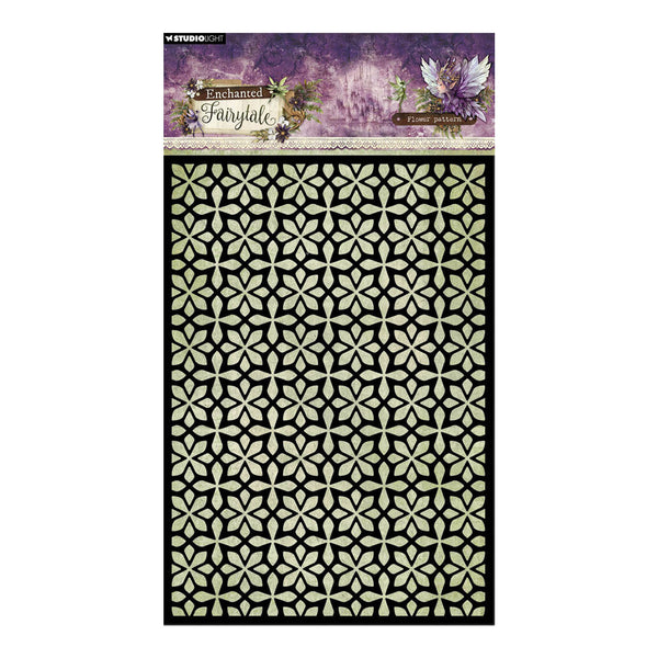 Decorative paper sheet with a geometric pattern and 'Enchanted Fairytale' text on a purple background.