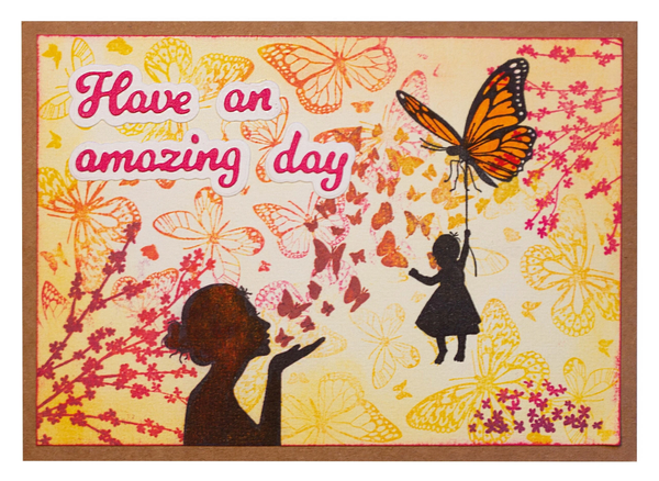 Card with silhouettes of a boy and girl holding hands, surrounded by butterflies and flowers with 'Have an amazing day' text.