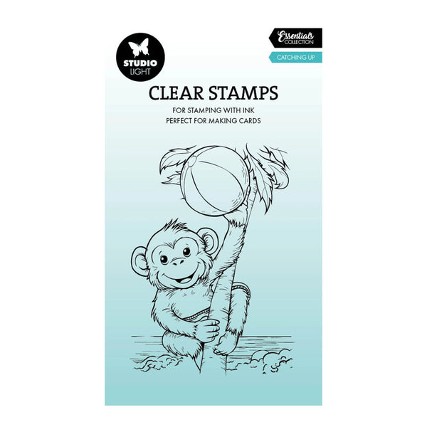 Clear stamps packaging with a monkey design on a light blue background