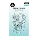 Clear stamps packaging with a tiger holding balloons on a light blue background