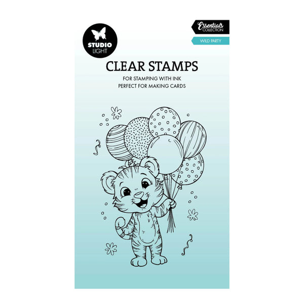 Clear stamps packaging with a tiger holding balloons on a light blue background