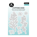 Set of floral cutting dies on a light blue background with brand logos.