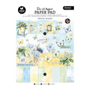 Paper pad packaging with butterfly and floral designs on a white background