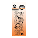 Set of clear stamps with grunge design on an orange cardstock packaging.