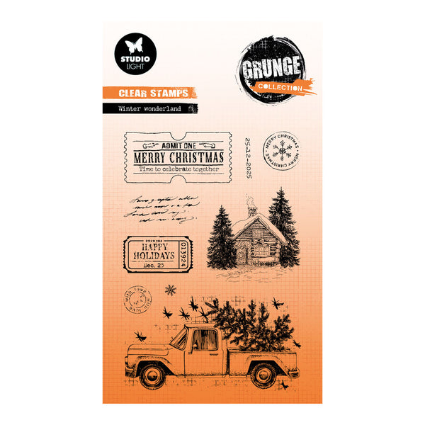 Packaging of Studio Light Grunge Collection clear stamps with Christmas-themed designs.