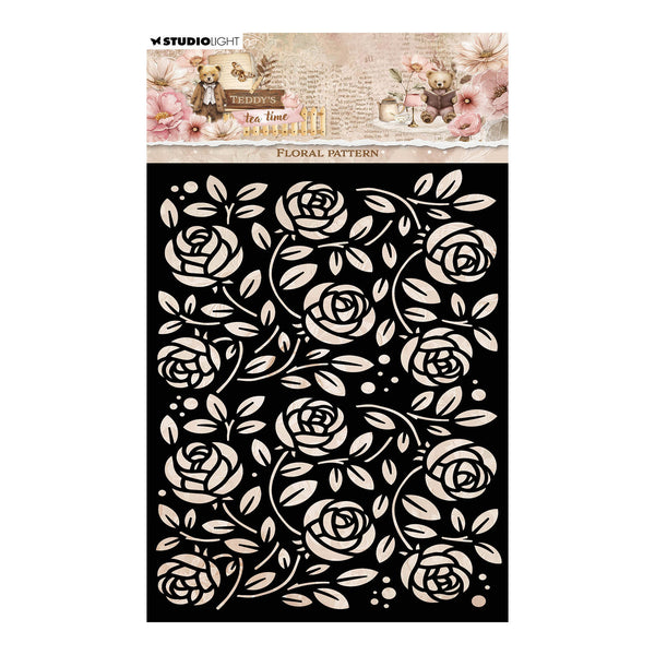 Stencil with floral pattern on a black background, brand 'Studio Light' visible.