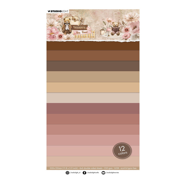 Color swatch card with teddy bears and flowers on a white background