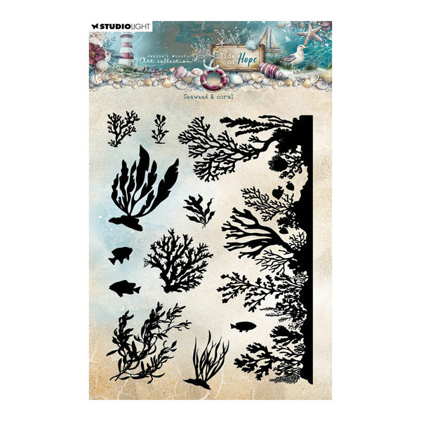 Set of black seaweed and coral designs on a beige background with a coastal scene at the top.