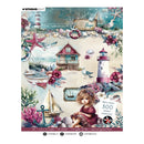 Seaside-themed scrapbooking paper with lighthouse, boat, and girl sitting on rocks.