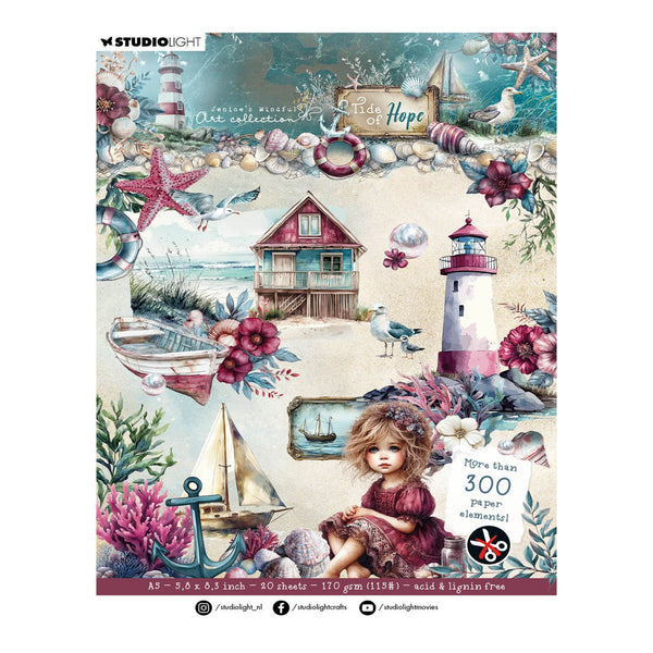 Seaside-themed scrapbooking paper with lighthouse, boat, and girl sitting on rocks.
