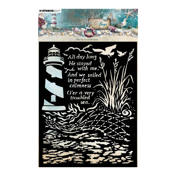 Decorative metal die cut with lighthouse, birds, and text on a white background