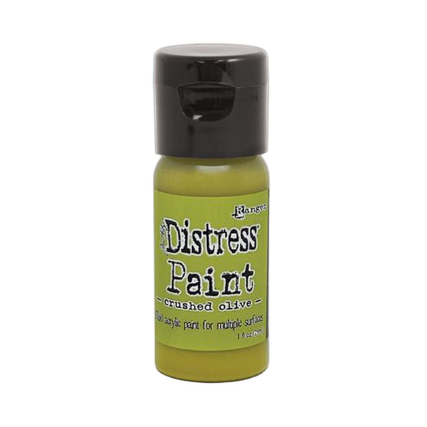 Bottle of Distress Paint in Crushed Olive color on a white background