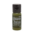 Bottle of Tim Holtz Distress Paint in Forest Moss color on a white background