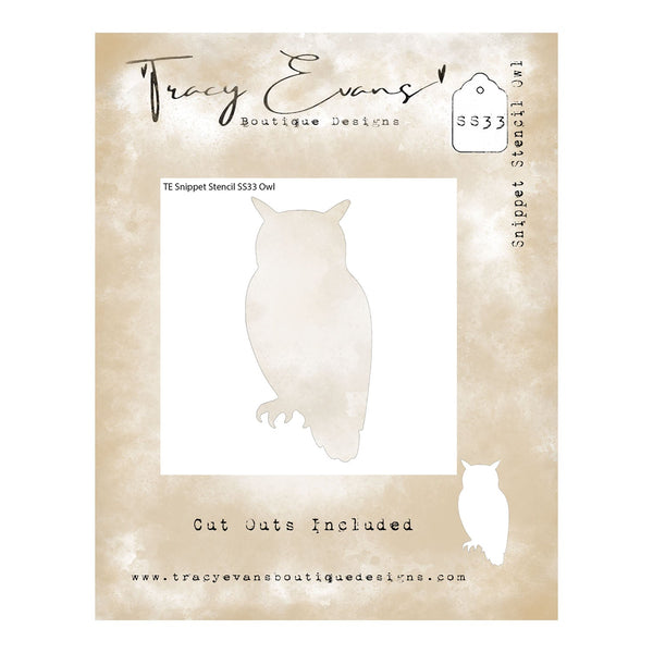 Tracy Evans Boutique Designs owl stencil with branding and product details on a beige background