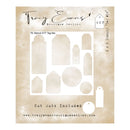 Tracy Evans Boutique Designs stencil with various tag shapes on a textured beige background.