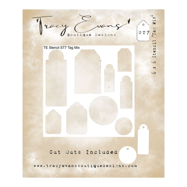 Tracy Evans Boutique Designs stencil with various tag shapes on a textured beige background.